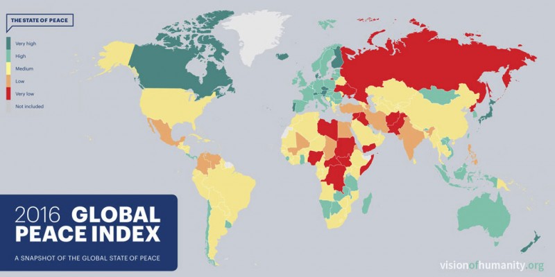 世界で最も危険な国ランキング2016（世界平和度指数GPIで算出）